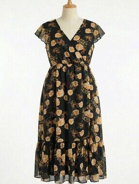 Always Indigo V-neck Maxi Dress 2X Ruffle Wrap Flutter Sleeve Black Tall Floral